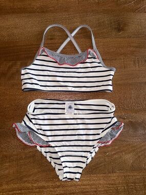 Petit Bateau Navy and White Striped Top with Sail Logo
